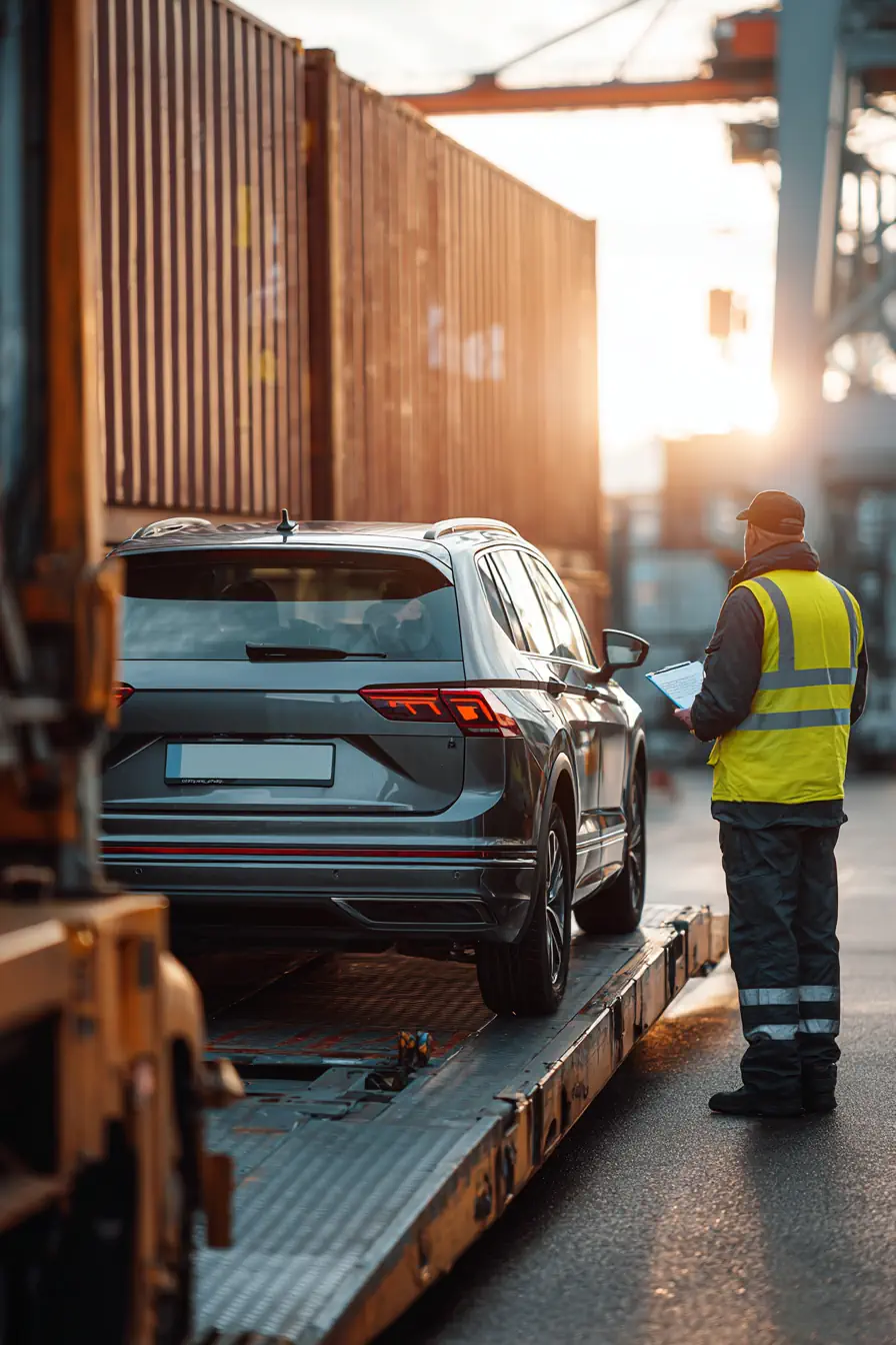 Autoankauf Ein Arbeiter mit gelber Sicherheitsweste und Schutzhelm inspiziert bei Sonnenuntergang in einem Industriehafen einen grauen Geländewagen, der in der Nähe von Schiffscontainern auf einen Pritschenwagen verladen wird. Gebrauchtwagen