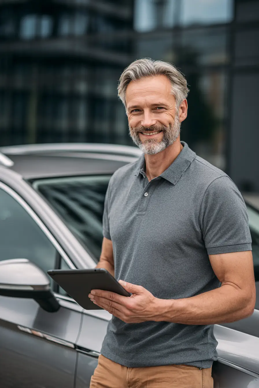 Autoankauf Ein Mann mittleren Alters mit grauem Haar und Bart, der ein graues Poloshirt trägt, steht im Freien neben einem Auto, lächelt und hält ein Tablet in der Hand. Im Hintergrund sind moderne Glasgebäude zu sehen. Gebrauchtwagen