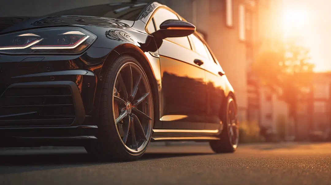 Autoankauf Nahaufnahme eines eleganten schwarzen Autos, das bei Sonnenuntergang auf einer Straße geparkt ist, wobei das Sonnenlicht von der glänzenden Karosserie und den Rädern reflektiert wird und eine warme und dramatische Atmosphäre schafft. Gebrauchtwagen